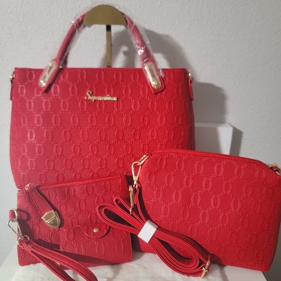 Handbags - 4-Piece Red Embossed Handbag Set — Chic & Versatile